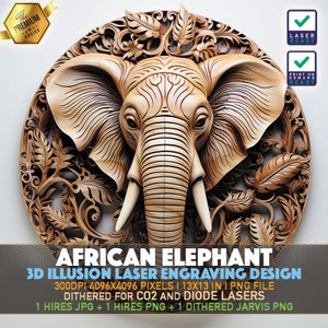 African Elephant 3D Illusion: Laser Engraving File (PNG)