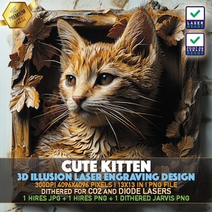 Cute Kitten | Cute Cat | Beautiful Cat | Laser Engraving File | 3D illusion PNG | Lightburn File | PNG Engraving | Norton Tile | Laser PNG