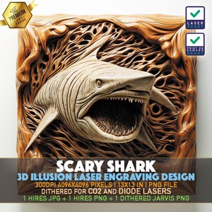 Laser Engraving File | 3D illusion PNG | Lightburn File | PNG Engraving | Glowforge | Xtool | Laser PNG | Scary Shark | Great White Shark