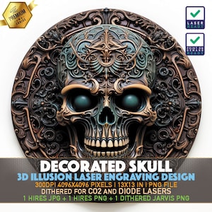 Laser Engraving File | 3D illusion PNG | Lightburn File | PNG Engraving | Glowforge | Xtool | Laser PNG | Decorated Skull | Scary Skull