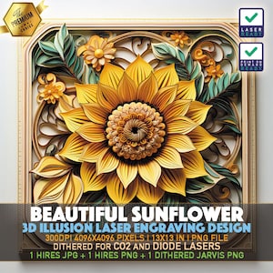 Lasergravur-Datei | 3D-Illusion PNG | Lightburn-Datei | PNG Gravur | Glühschmiede | Xtool | Laser PNG | Schöne Sonnenblume | Sonnenblume