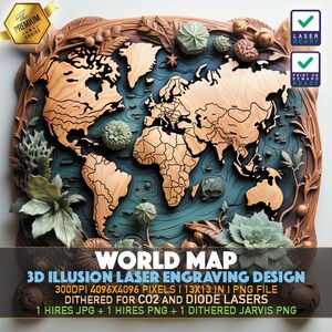 Plik do grawerowania laserowego | Iluzja 3D PNG | Plik Lightburn | Grawerowanie PNG | Glowforge | Xtool | Laser PNG | Mapa świata | Mapa świata w stylu vintage