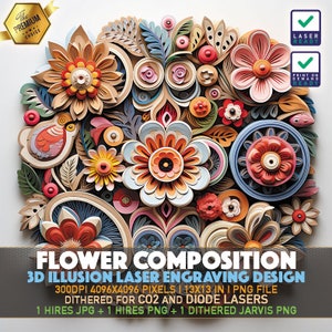Laser Engraving File | 3D illusion PNG | Lightburn File | PNG Engraving | Glowforge | Xtool | Laser PNG | Flower Composition | Flower Medley