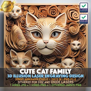 Laser Engraving File | 3D illusion PNG | Lightburn File | PNG Engraving | Glowforge | Xtool | Laser PNG | Cute Cats | Cat Family | Kittens