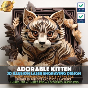 Laser Engraving File | 3D illusion PNG | Lightburn File | PNG Engraving | Glowforge | Xtool | Laser PNG | Adorable Kitten | Cute Cat