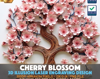 Lasergraveerbestand | 3D-illusie PNG | Lightburn-bestand | PNG-gravure | Gloedforge | Xtool | Laser-PNG | Kersenbloesem | Roze bloesem