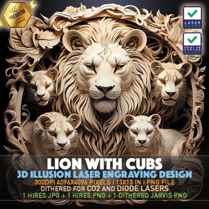 Laser Engraving File | 3D illusion PNG | Lightburn File | PNG Engraving | Glowforge | Xtool | Laser PNG | Lion With Cubs