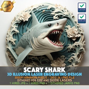 Laser Engraving File | 3D illusion PNG | Lightburn File | PNG Engraving | Glowforge | Xtool | Laser PNG | Scary Shark | Great White Shark