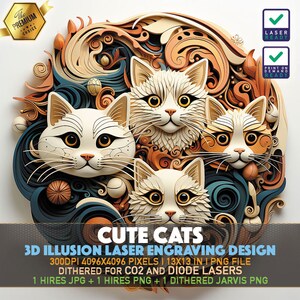 Laser Engraving File | 3D illusion PNG | Lightburn File | PNG Engraving | Glowforge | Xtool | Laser PNG | Cute Cats | Cat Family | Kittens