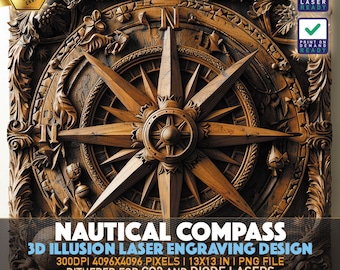 Nautical Compass | Old Compass | Laser Engraving File | 3D illusion PNG | Lightburn File | PNG Engraving | Norton Tile | Laser PNG