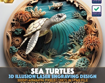 Laser Engraving File | 3D illusion PNG | Lightburn File | PNG Engraving | Glowforge | Xtool | Laser PNG | Sea Turtles | Cute Turtles