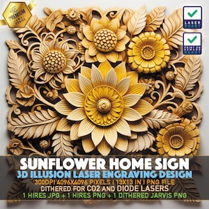 Lasergravur-Datei | 3D-Illusion PNG | Lightburn-Datei | PNG Gravur | Glühschmiede | Xtool | Laser PNG | Sonnenblume-Haus-Zeichen | Sonnenblume