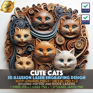 Laser Engraving File | 3D illusion PNG | Lightburn File | PNG Engraving | Glowforge | Xtool | Laser PNG | Cute Cats | Cat Family | Kittens