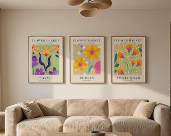 Flower Market Poster, Set Of 3 Floral Prints, Botanical Wall Art