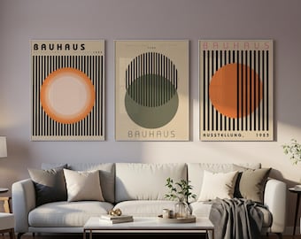 Set of 3 Bauhaus Prints Warm Pastel. Mid-Century Modern Geometric Wall Art for Trendy Home & Office Decor, Best Gift.