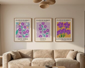 Set of 3 Abstract Flower Market Prints, Botanical Wall Art Poster