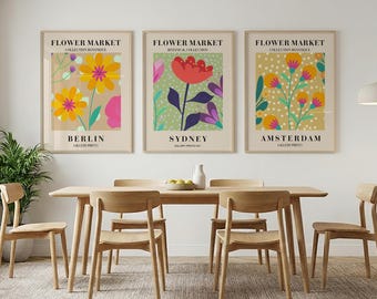Set of 3 Flower Market Posters Green, Yellow Boho Wall Art UnFramed