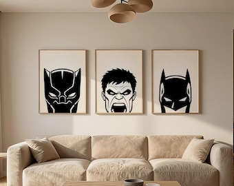 Superhero Trio Wall Art Poster, Vintage Comic Hero Squad Print, Comic Lover Bedroom Decor
