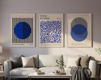 Conjunto de 3 piezas de arte mural, impresiones Bauhaus, exposición Kusama, impresiones de Yayoi Kusama