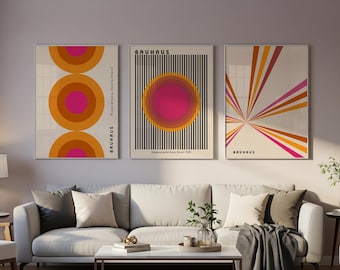 Juego de 3 pósteres Bauhaus, decoración para sala de estar, arte mural naranja, paquete de arte mural de galería, láminas Bauhaus de moda, decoración moderna de mediados de siglo