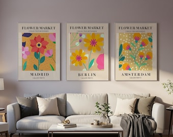 Berlin Flower Market Poster Trio,  Minimalist Vintage Floral Wall Art