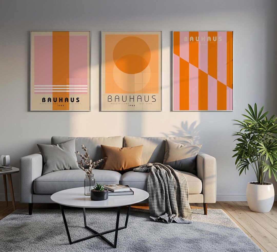 Orange Pink Bauhaus Poster Set of 3, Abstract Geometric Art Prints, Mid ...