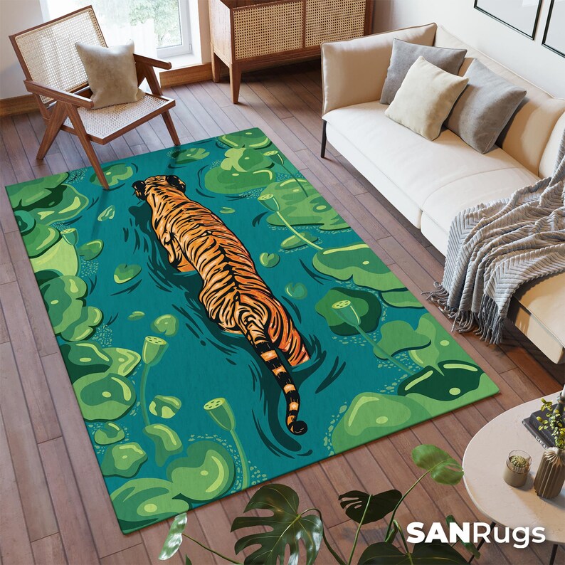 Bengal Tiger Jungle Area Rug, Washable Exotic Wildlife Carpet, Green