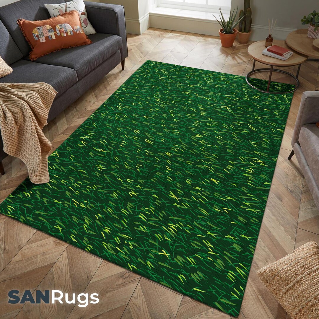 Green Grass Texture Rug, Lawn Natural Appearance, Washable & Durable