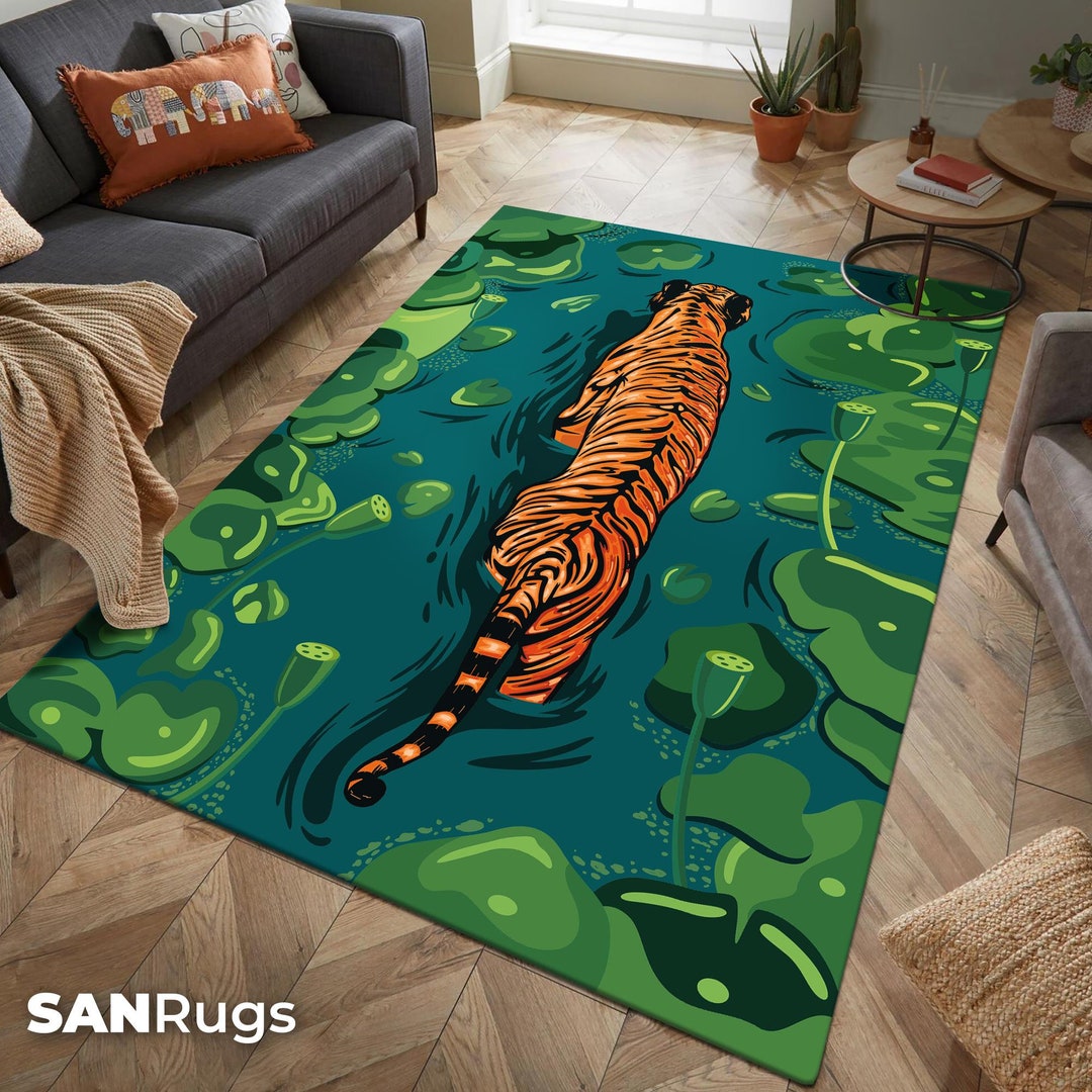 Bengal Tiger Jungle Area Rug, Washable Exotic Wildlife Carpet, Green
