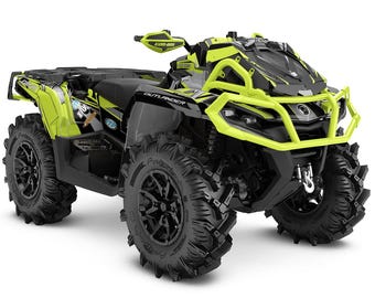 May include: A black and neon green Can-Am Outlander ATV with large, rugged tyres. The ATV has a black seat, a front bumper, and the word "OUTLANDER" is visible on the side. The ATV is designed for off-road use.