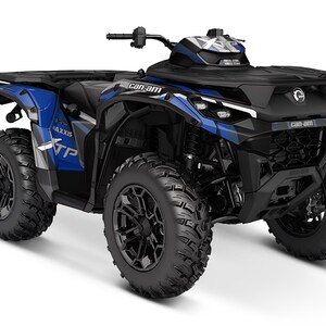 May include: A blue and black Can-Am 4x4 ATV with black wheels and a black and white graphic design. The ATV has a black front bumper and a black roll cage.