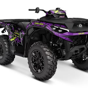 May include: A black Can-Am off-road vehicle with a purple and yellow graphic design. The vehicle has four wheels and a roll cage.