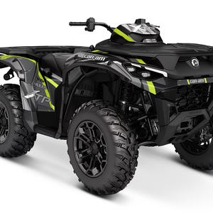 May include: A black and green Can-Am ATV with a black and white graphic design. The ATV has a black roll cage and a black seat. The ATV is on a white background.
