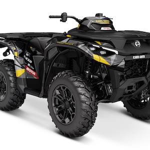 May include: A black and yellow Can-Am off-road vehicle with a black and grey camouflage design. The vehicle has a black roll cage and black wheels with yellow accents. The vehicle has a black and yellow graphic on the side that says "Can-Am" and "Motul".