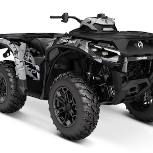 May include: A black and white Can-Am off-road vehicle with a black and white graphic design. The vehicle has a black frame and black wheels with a black and white design.