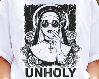 Retro Unholy Nun PNG, Vintage Gothic Png, Gothic Nun Design, Dark Humor Png, Dark Gothic Art Png, Witchy Vibes Png, Distressed T-shirt Png