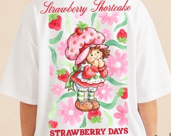 Retro Strawberry Shortcake Watercolor PNG, Berry Sweet Girl Cartoon Design, Strawberry and Friends, Strawberry Character, 90s Cartoon Girl