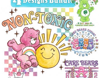 May include: A digital graphic bundle featuring four Care Bears designs. Elements include a pink bear with a rainbow, a green bear with a clover, a yellow sun, checkered patterns, stars, and text reading 4 Designs Bundle, NON-TOXIC, and CARE BEARS.
