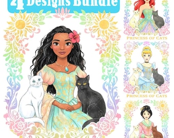 Retro Watercolor Princess of Cats Png BUNDLE, Magical Kingdom Princess Design, Moana, Cinderella, Ariel, Mulan, Distressed Shirt Design