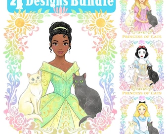 Retro Watercolor Princess of Cats Png BUNDLE, Magical Kingdom Princess Design, Tiana, Rapunzel, Snow White, Alice, Distressed Shirt Design