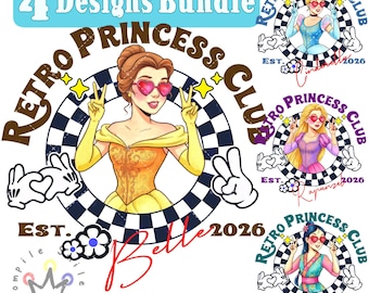 Retro Princess Club Png BUNDLE, Watercolor Princess Design, Magic Kingdom Princess, Family Vacation Png, Belle, Rapunzel, Cinderella, Mulan