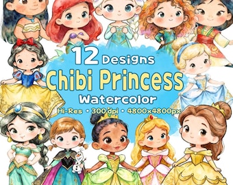 Chibi Princess Png BUNDLE, Princess Clipart, Watercolor Princess Design, Cute Princess, Beautiful Princess, Nursery Princess Decor