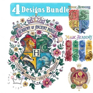 May include: A digital design bundle featuring four illustrations with the text 4 Designs Bundle and Magic Academy. The main crest displays a lion, snake, badger, and eagle surrounded by flowers, potions, and keys with the text Academy of Ancient Magic.
