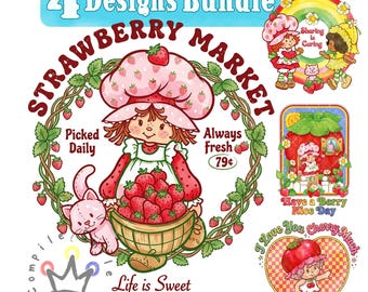 Watercolor Strawberry Shortcake Png BUNDLE, Berry Sweet Girl Cartoon Design, Strawberry and Friends, Strawberry Character, 90s Retro Cartoon