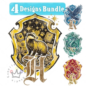 Peut inclure: Un ensemble de 4 motifs graphiques avec le texte 4 Designs Bundle. Le bouclier principal est jaune et noir avec un blaireau, des étoiles et des livres. Trois petits boucliers présentent un corbeau, un serpent et un lion avec divers symboles.