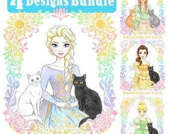 Retro Watercolor Princess of Cats Png BUNDLE, Magical Kingdom Princess Design, Elsa, Anna, Tinker Bell, Belle, Distressed Shirt Design
