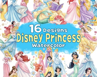 Paquete de imágenes PNG de acuarela de princesas, imágenes prediseñadas de princesas en acuarela, diseño de grupo de princesas, Blancanieves, Aurora, Ariel, Tiana, Bella y Rapunzel