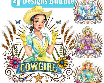 Watercolor Cowgirl Princess Png BUNDLE, Western Princess Design, Watercolor Princess, Country Cowgirl, Tiana, Rapunzel, Cinderella, Merida