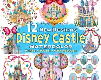 Princess Castle Watercolor Png BUNDLE, Fairytale Watercolor Castle Design, Magical Castle Coquette Bow, Disney Castle Shirt Design