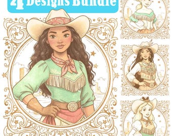 Retro Cowgirl Princess Png BUNDLE, Vintage Western Princess Design, Watercolor Princess, Western Country Cowgirl, Distressed T-shirt Design